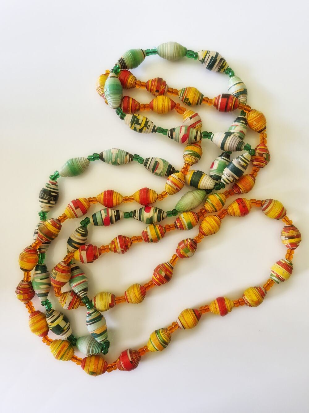 Vintage Orange and Green Rolled Paper Bead Necklace Lot of 2